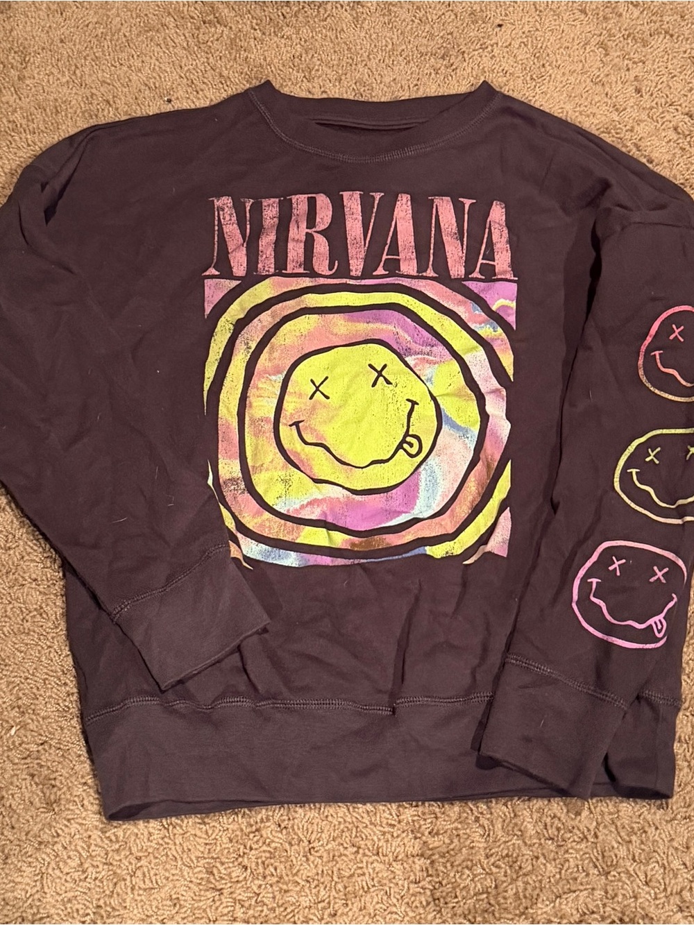 Abercrombie kids NIRVANA Black Sweatshirt with Neon Smiley Graphics